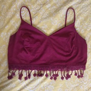 Burgundy Suede Crop Top w/ lace trimming &tassels